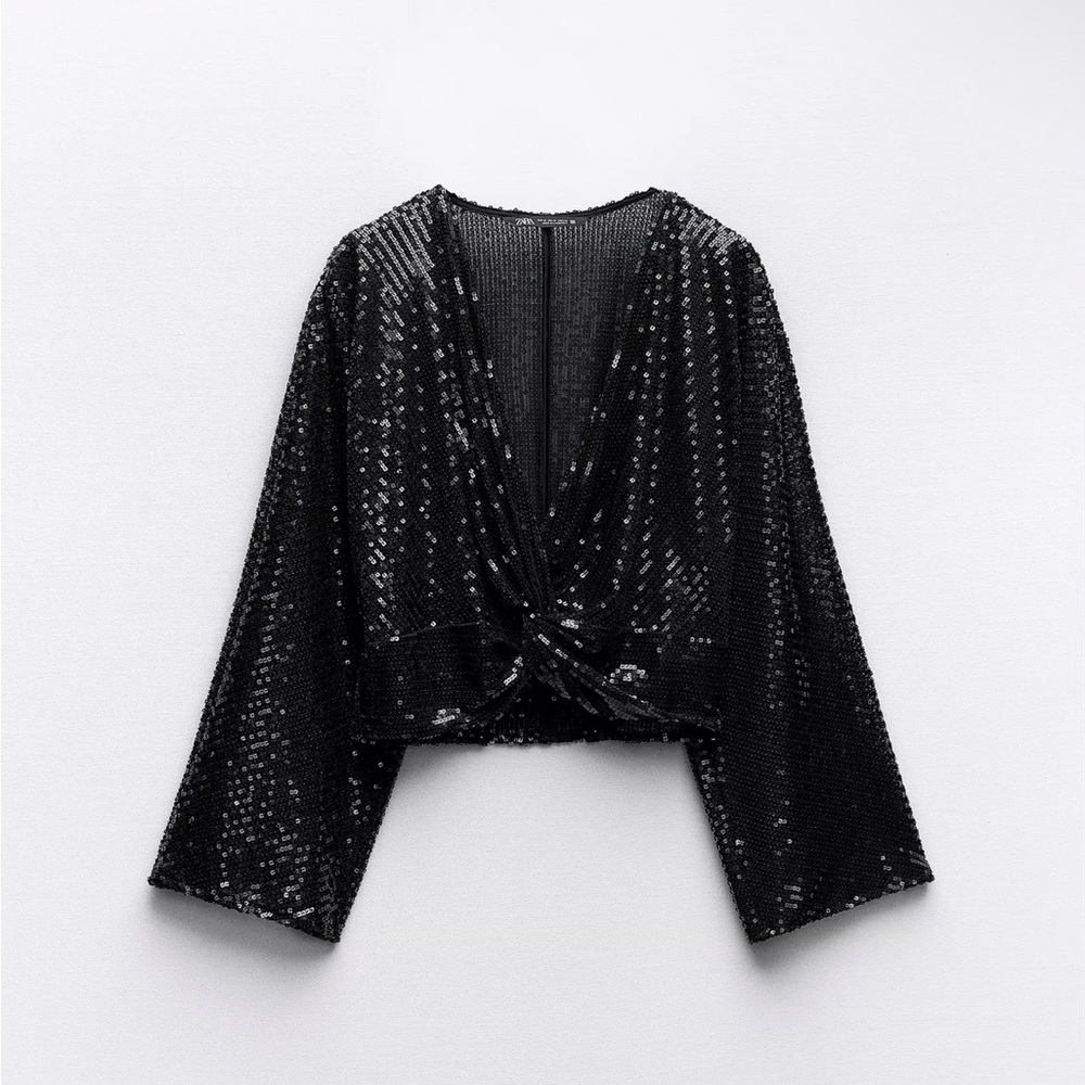Zara Black Sequin 3/4 Sleeve Crop Blouse